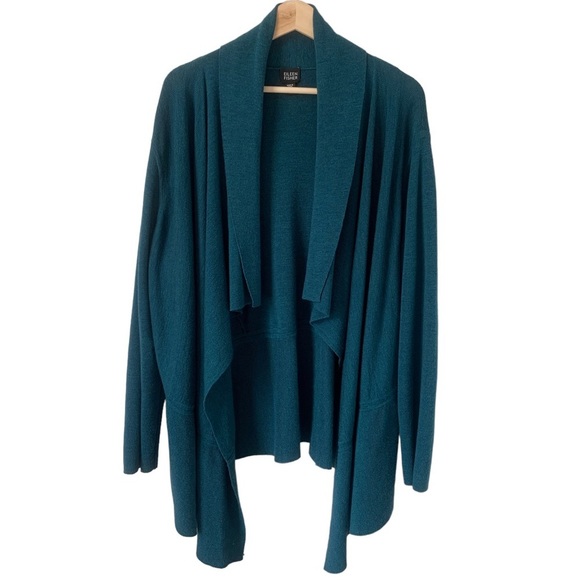 Eileen Fisher Sweaters - Eileen Fisher 100% Merino Wool Teal Waterfall Open Cardigan Women's XL